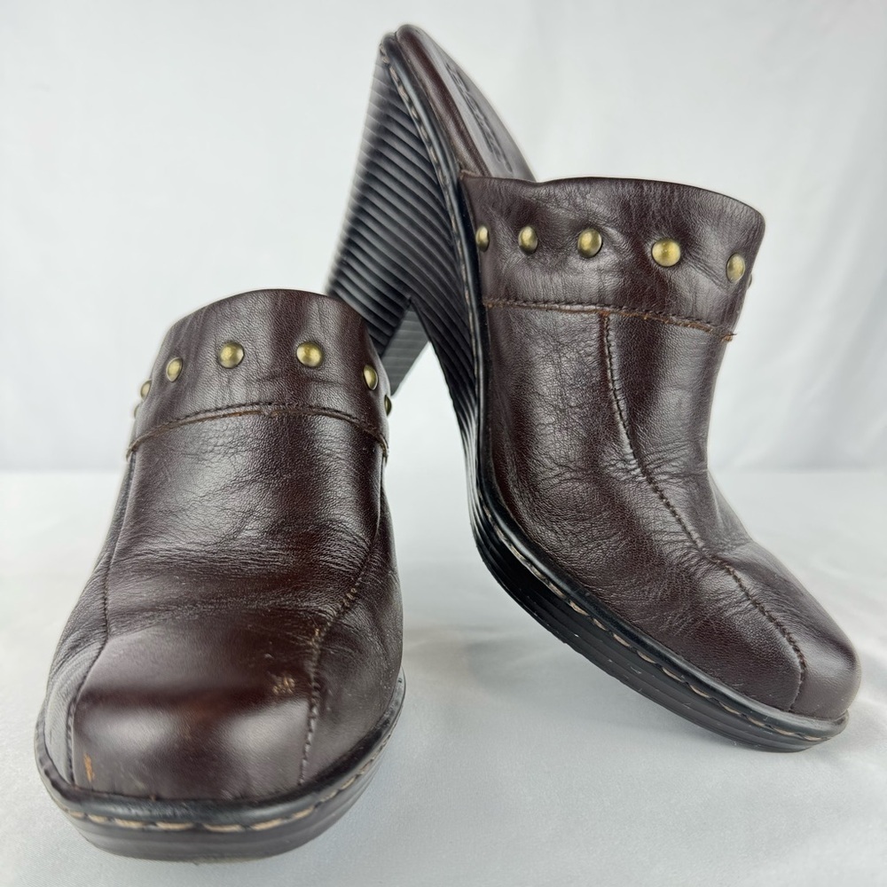 Born Brown Leather Mules with Stud Accents